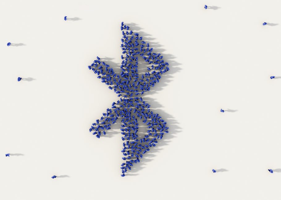 Large group of people forming bluetooth symbol in social media and community concept on white background. 3d sign of crowd illustration from above gathered together
